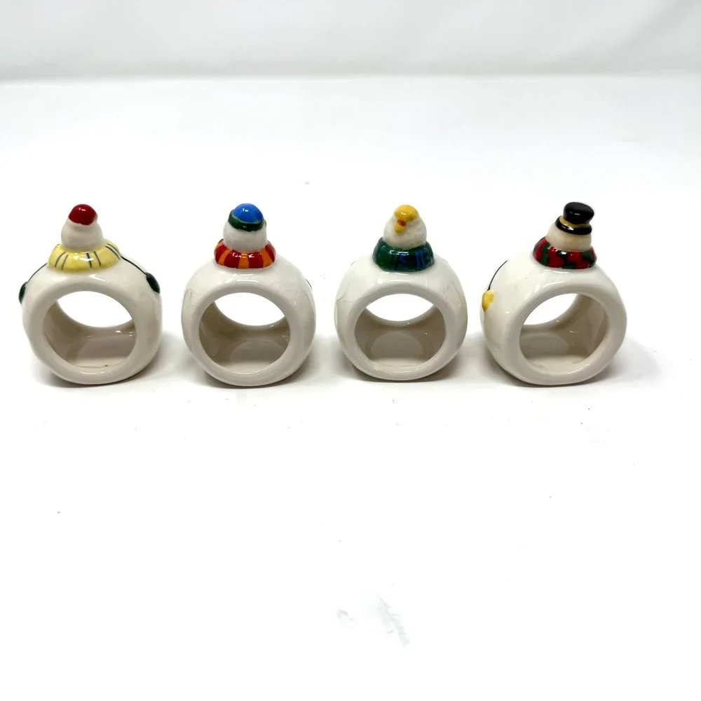 Williams Sonoma Snowman Napkin Rings Set 4 Holiday‎ Christmas Ceramic